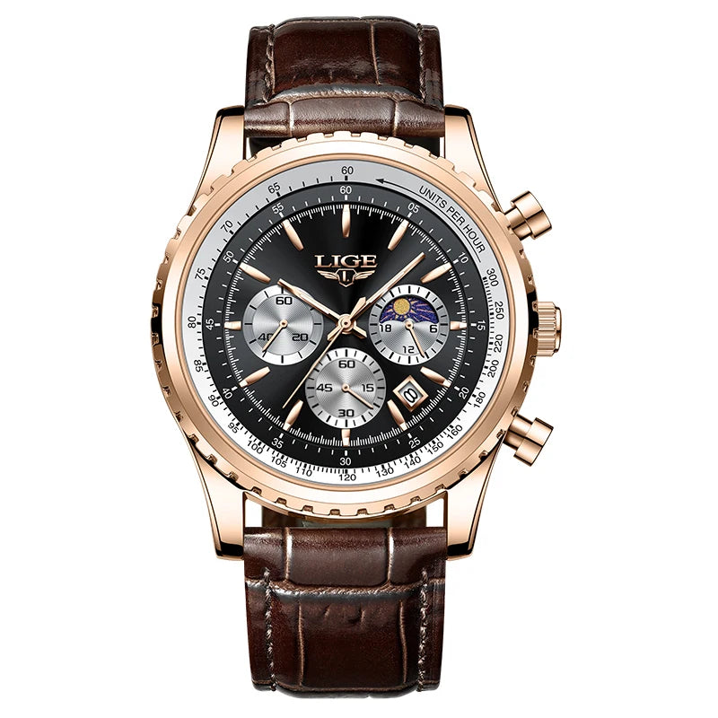 LIGE Fashion Men Watch Casual Sports Waterproof Moon Phase Watch Men Top Brand Luxury Auto Date Quartz Chronograph Montre Homme