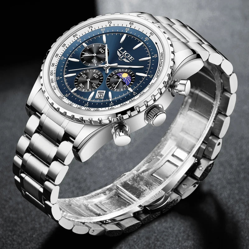 LIGE Fashion Men Watch Casual Sports Waterproof Moon Phase Watch Men Top Brand Luxury Auto Date Quartz Chronograph Montre Homme