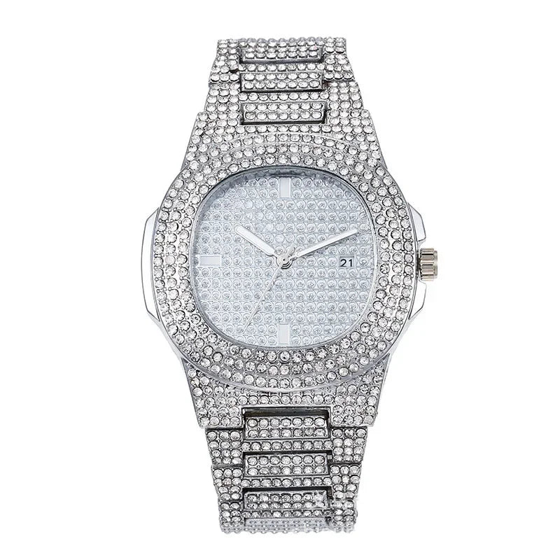 Montre Hip Hop avec Strass Brillants pour Homme, Horloge de Luxe Cool, Ceinture en Acier Glacé, Design Sky Star