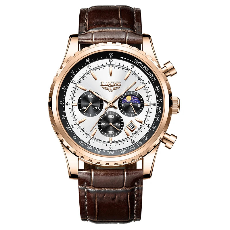 LIGE Fashion Men Watch Casual Sports Waterproof Moon Phase Watch Men Top Brand Luxury Auto Date Quartz Chronograph Montre Homme