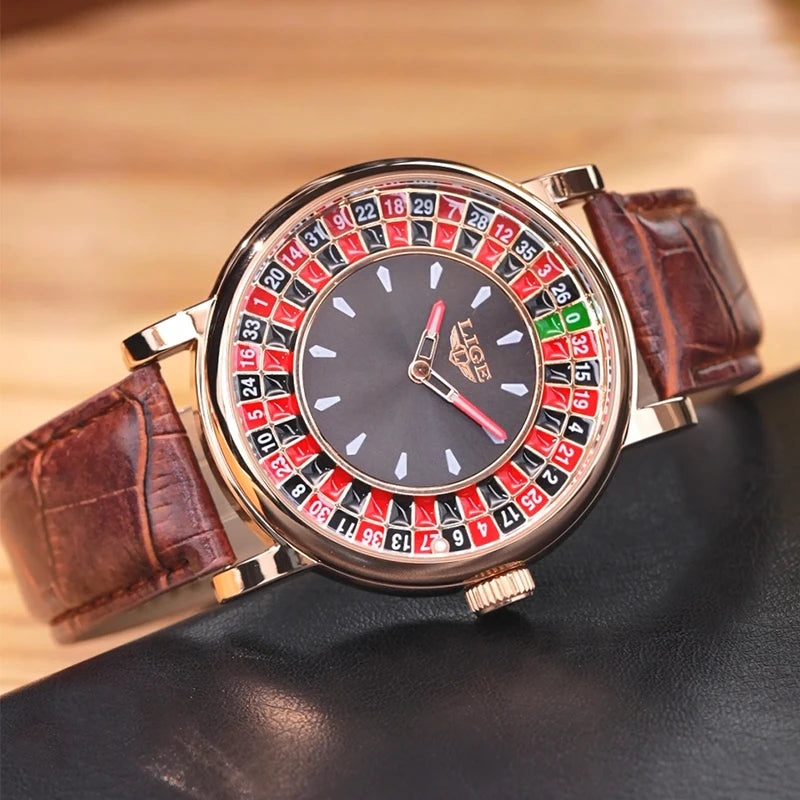 LIGE Creative Retro Quartz Man Watch Fashion Unique Roulette Game Dial Design Leather Casual Luxury Waterproof Luminous Watches
