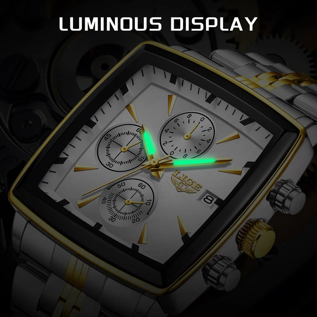 LIGE Fashion Mens Watches Luminous Waterproof Chronograph Date Man Wristwatch Square Luminous Quartz Men's Watches Relojs+Box