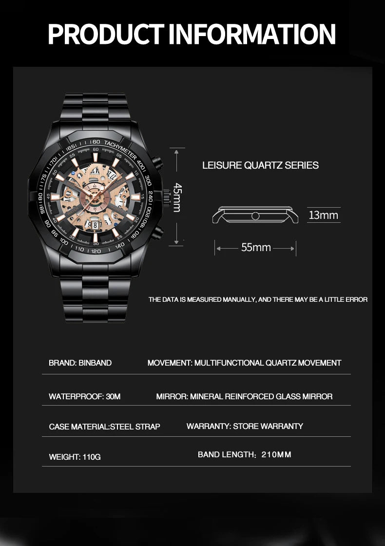 BINBOND 033 New Quartz Watch Men Waterproof Night Light Leisure Business Hollow Watches for Men Relogios Masculino Montre Homme