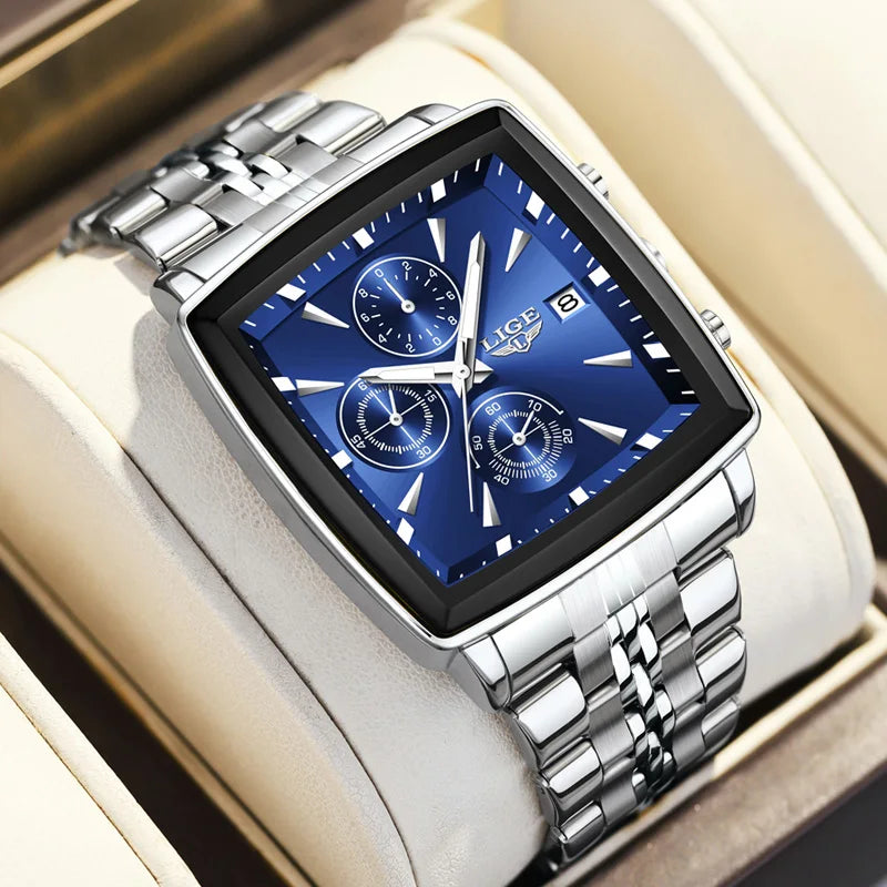 LIGE Fashion Mens Watches Luminous Waterproof Chronograph Date Man Wristwatch Square Luminous Quartz Men's Watches Relojs+Box