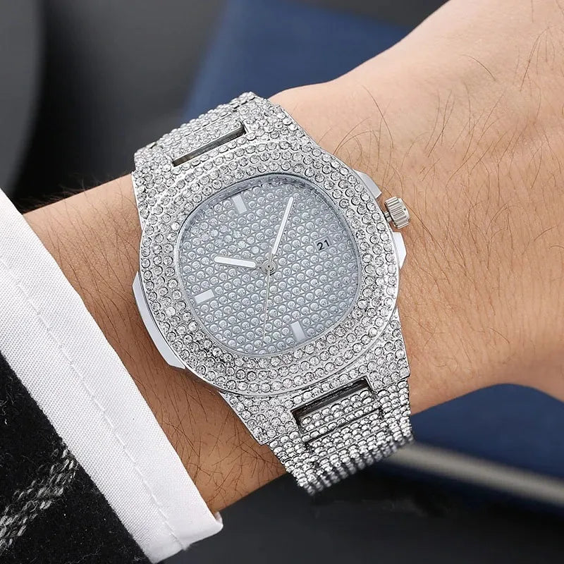 Montre Hip Hop avec Strass Brillants pour Homme, Horloge de Luxe Cool, Ceinture en Acier Glacé, Design Sky Star
