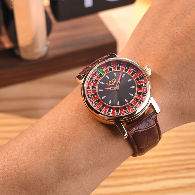 LIGE Creative Retro Quartz Man Watch Fashion Unique Roulette Game Dial Design Leather Casual Luxury Waterproof Luminous Watches