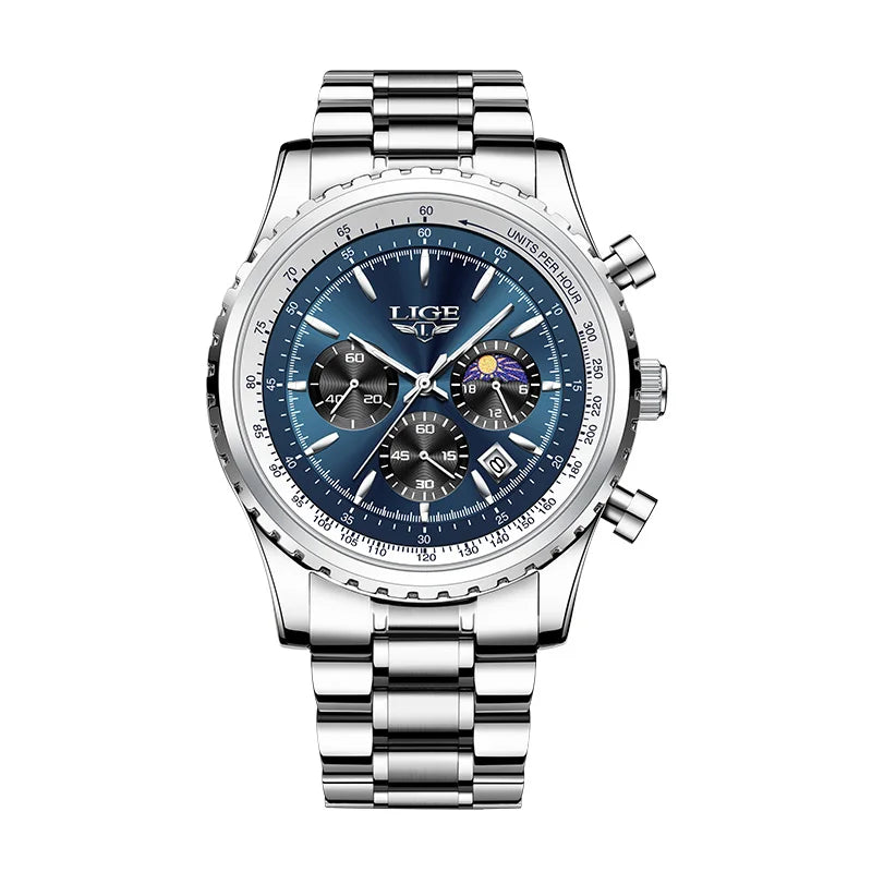 LIGE Fashion Men Watch Casual Sports Waterproof Moon Phase Watch Men Top Brand Luxury Auto Date Quartz Chronograph Montre Homme