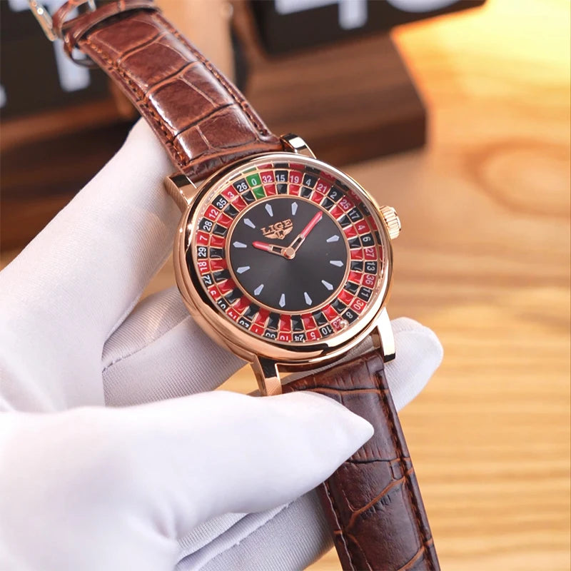 LIGE Creative Retro Quartz Man Watch Fashion Unique Roulette Game Dial Design Leather Casual Luxury Waterproof Luminous Watches