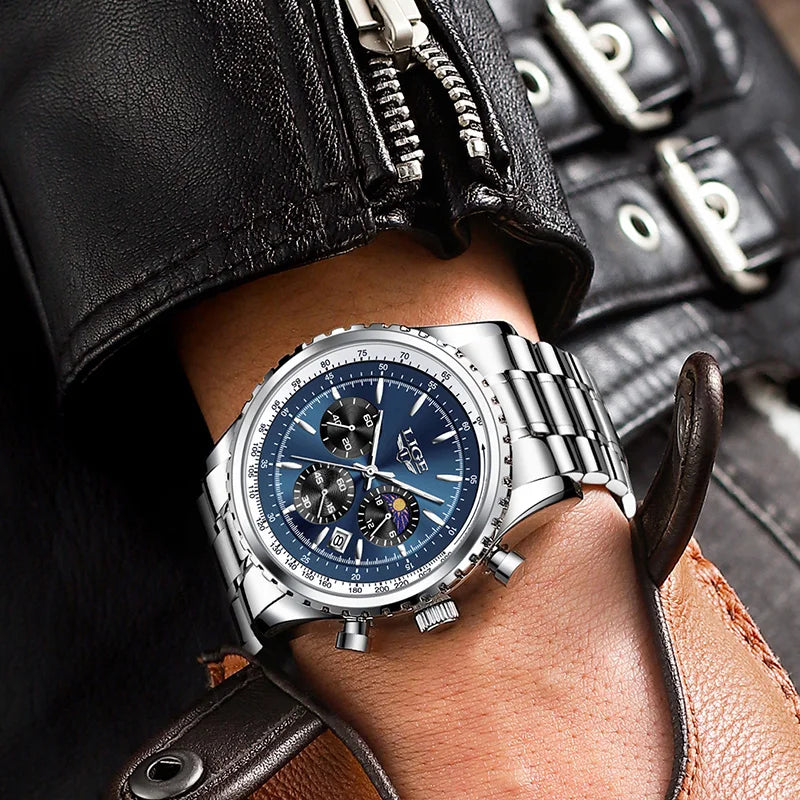 LIGE Fashion Men Watch Casual Sports Waterproof Moon Phase Watch Men Top Brand Luxury Auto Date Quartz Chronograph Montre Homme