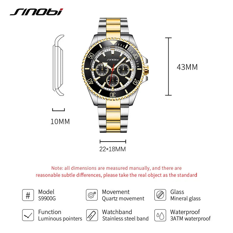 SINOBI Top Luxury Brand Men's Watches Original Fashion Mans Quartz Wristwatches Stainless Steel Male Gifts Clock Montre Homme