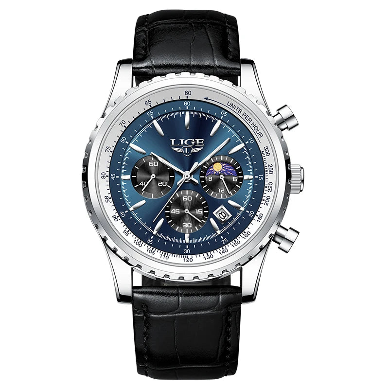 LIGE Fashion Men Watch Casual Sports Waterproof Moon Phase Watch Men Top Brand Luxury Auto Date Quartz Chronograph Montre Homme