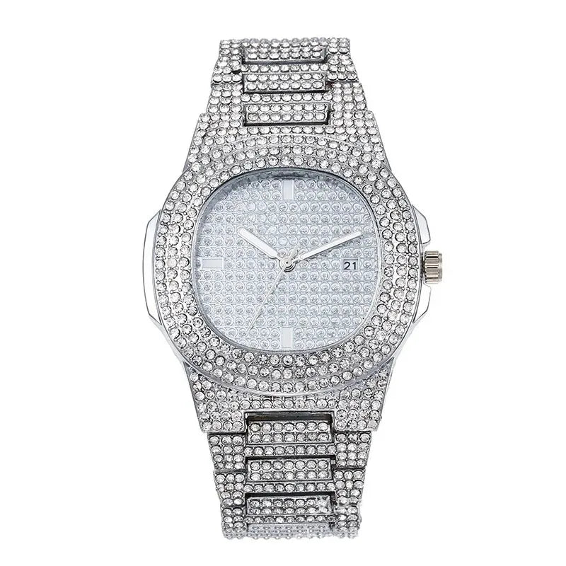 Montre Hip Hop avec Strass Brillants pour Homme, Horloge de Luxe Cool, Ceinture en Acier Glacé, Design Sky Star