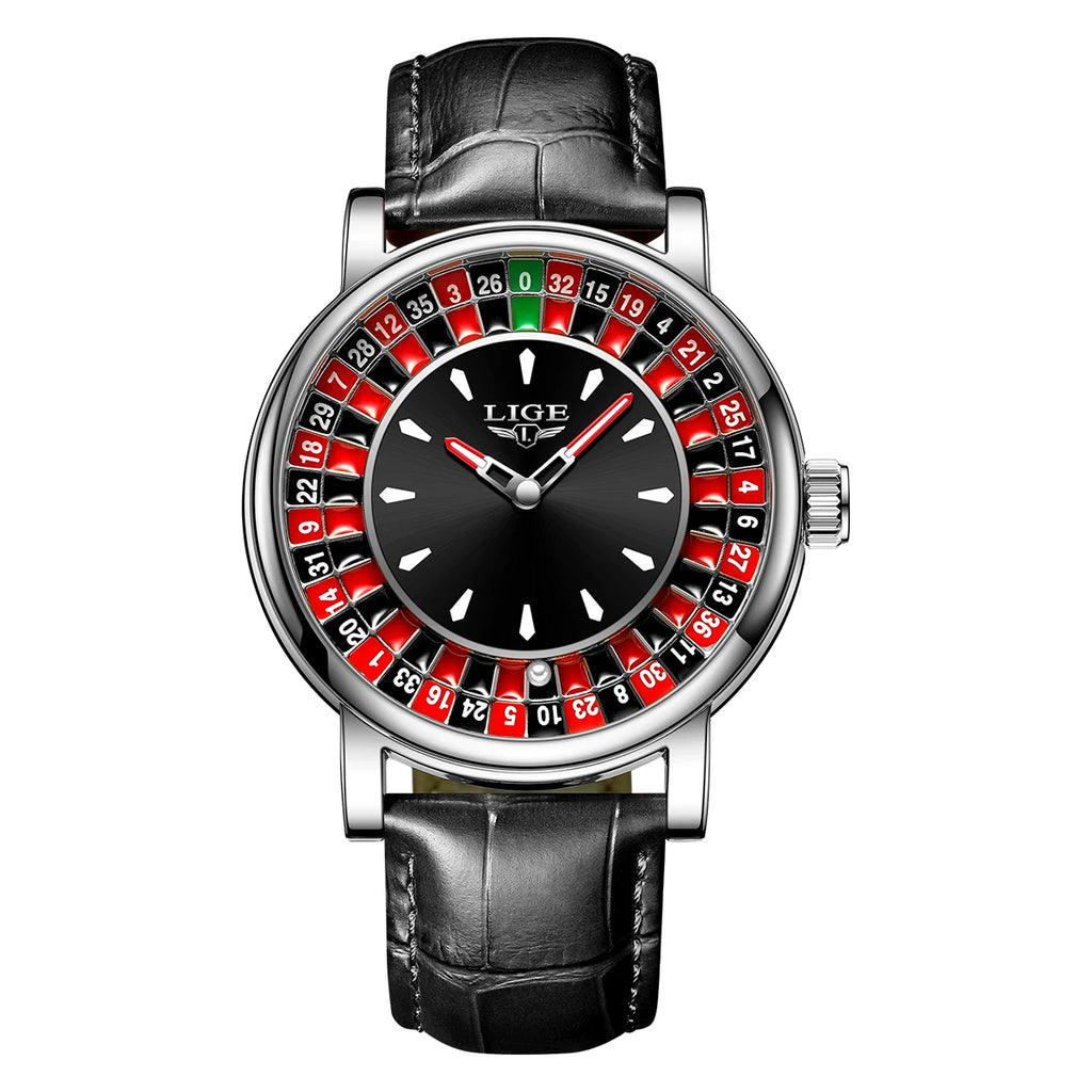 LIGE Creative Retro Quartz Man Watch Fashion Unique Roulette Game Dial Design Leather Casual Luxury Waterproof Luminous Watches