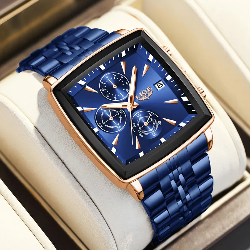 LIGE Fashion Mens Watches Luminous Waterproof Chronograph Date Man Wristwatch Square Luminous Quartz Men's Watches Relojs+Box
