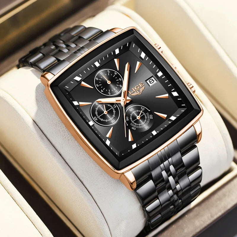 LIGE Fashion Mens Watches Luminous Waterproof Chronograph Date Man Wristwatch Square Luminous Quartz Men's Watches Relojs+Box