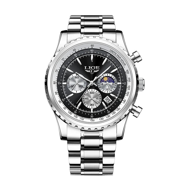 LIGE Fashion Men Watch Casual Sports Waterproof Moon Phase Watch Men Top Brand Luxury Auto Date Quartz Chronograph Montre Homme