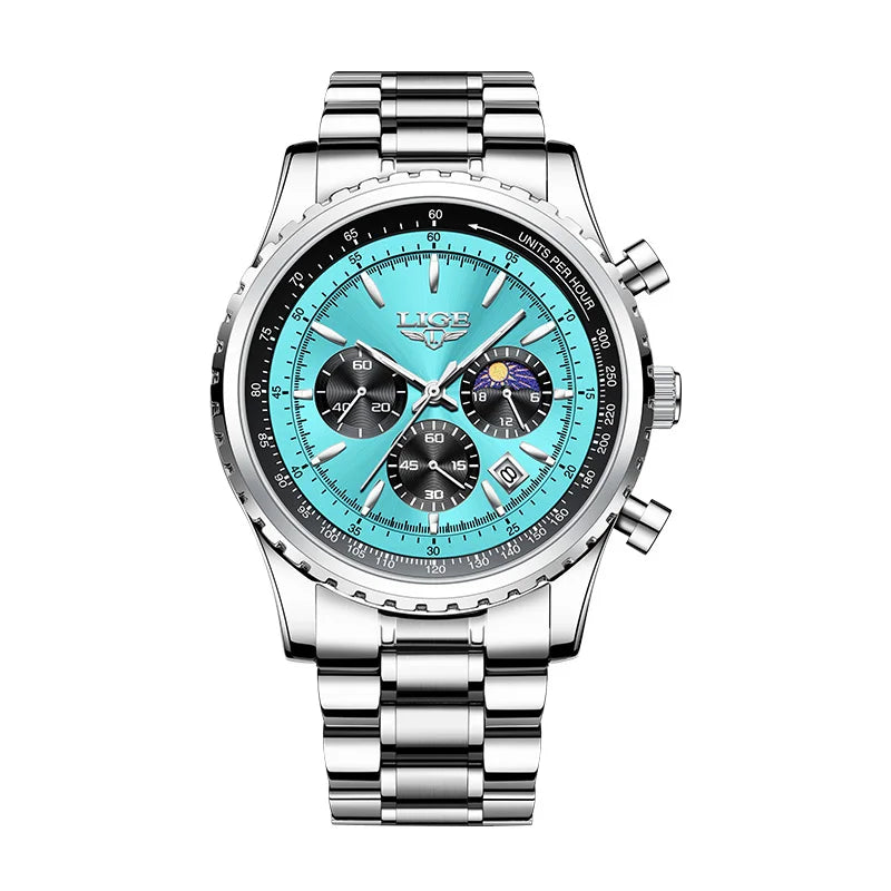 LIGE Fashion Men Watch Casual Sports Waterproof Moon Phase Watch Men Top Brand Luxury Auto Date Quartz Chronograph Montre Homme