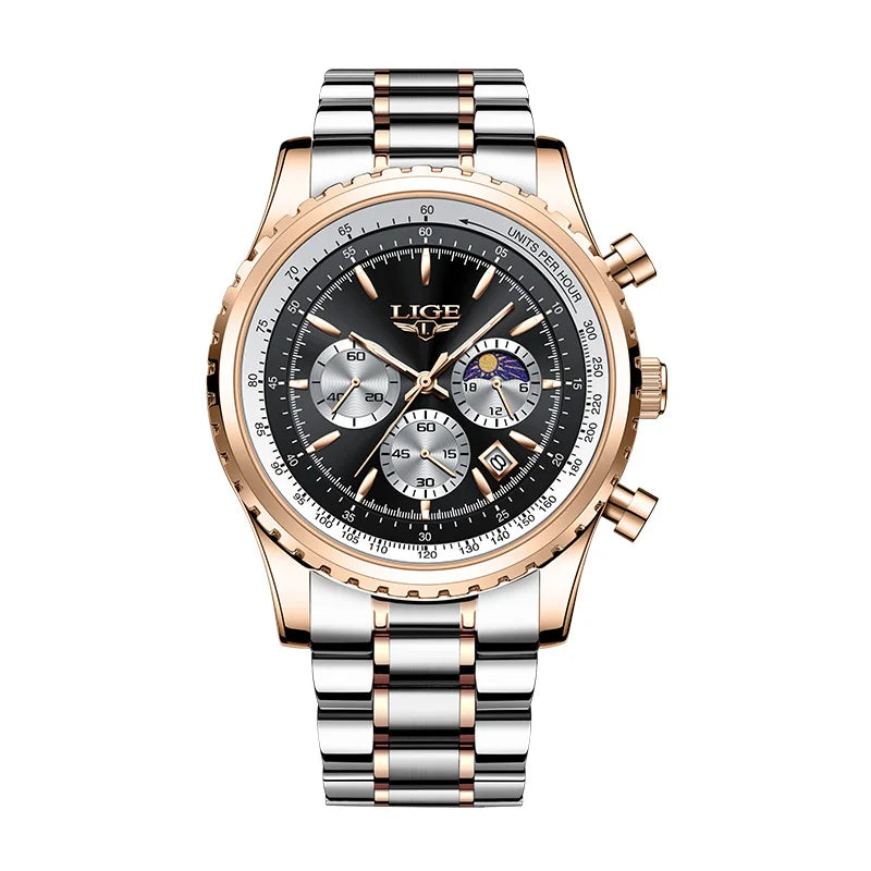 LIGE Fashion Men Watch Casual Sports Waterproof Moon Phase Watch Men Top Brand Luxury Auto Date Quartz Chronograph Montre Homme