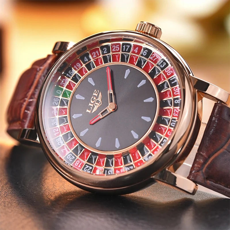 LIGE Creative Retro Quartz Man Watch Fashion Unique Roulette Game Dial Design Leather Casual Luxury Waterproof Luminous Watches