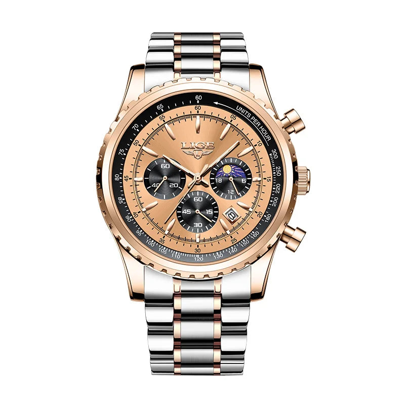 LIGE Fashion Men Watch Casual Sports Waterproof Moon Phase Watch Men Top Brand Luxury Auto Date Quartz Chronograph Montre Homme