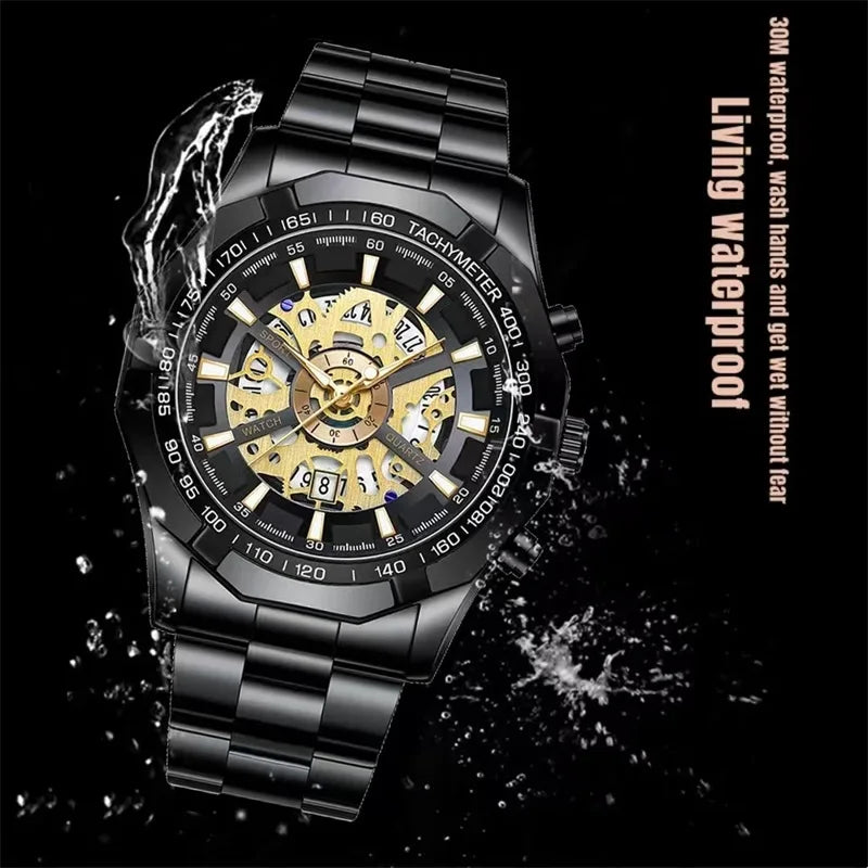 2025 Mens Quartz Watches Top Brand Luxury Stainless Steel Waterproof Hollow Out Blue Big Male Wristwatches Relogio Masculino