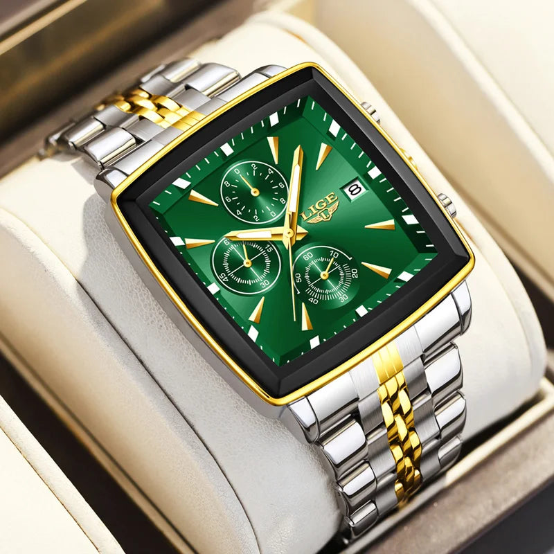 LIGE Fashion Mens Watches Luminous Waterproof Chronograph Date Man Wristwatch Square Luminous Quartz Men's Watches Relojs+Box