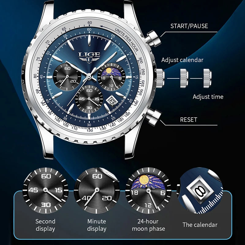 LIGE Fashion Men Watch Casual Sports Waterproof Moon Phase Watch Men Top Brand Luxury Auto Date Quartz Chronograph Montre Homme