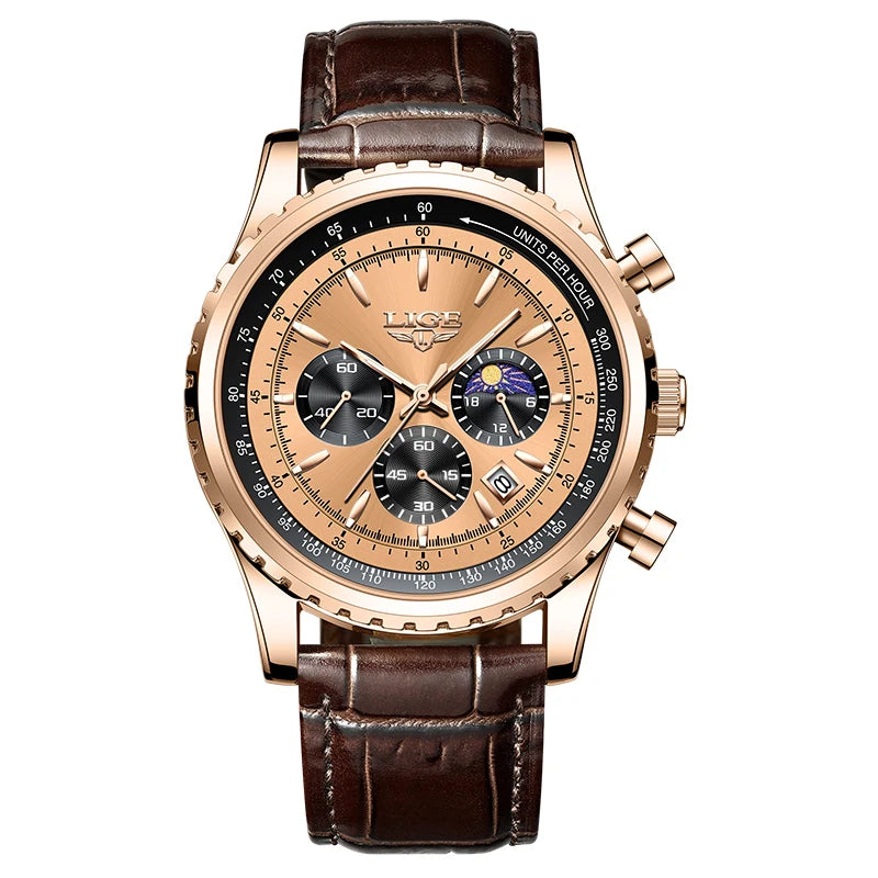 LIGE Fashion Men Watch Casual Sports Waterproof Moon Phase Watch Men Top Brand Luxury Auto Date Quartz Chronograph Montre Homme