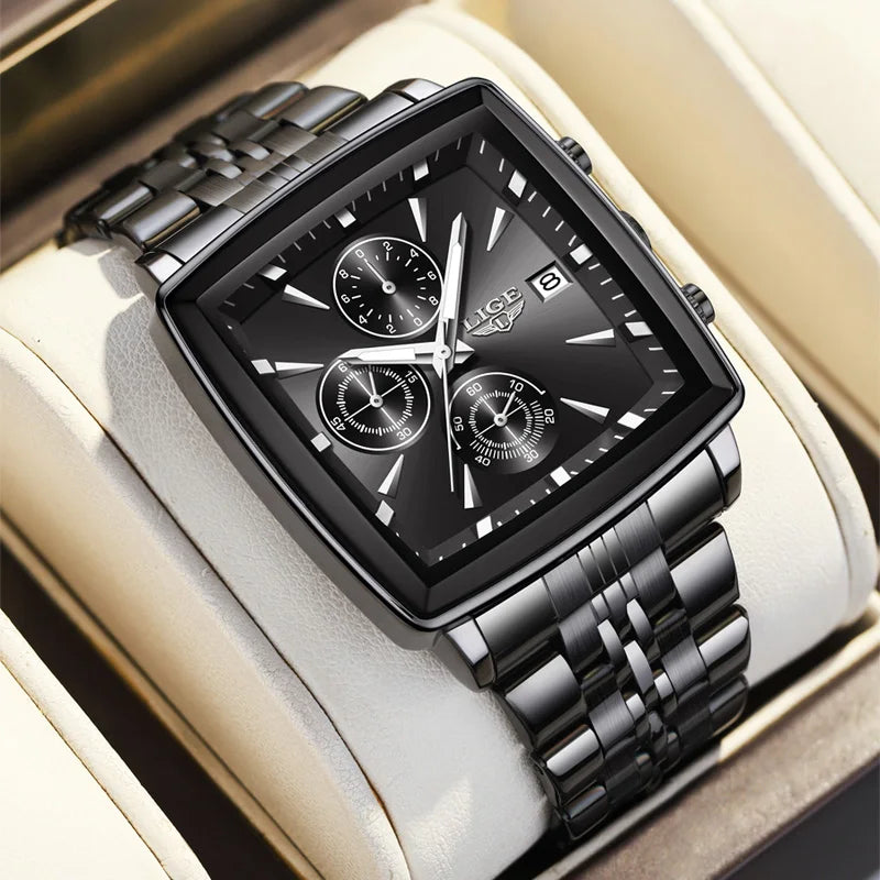 LIGE Fashion Mens Watches Luminous Waterproof Chronograph Date Man Wristwatch Square Luminous Quartz Men's Watches Relojs+Box