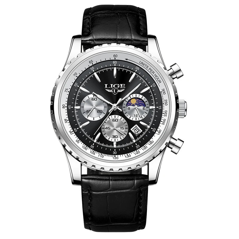 LIGE Fashion Men Watch Casual Sports Waterproof Moon Phase Watch Men Top Brand Luxury Auto Date Quartz Chronograph Montre Homme