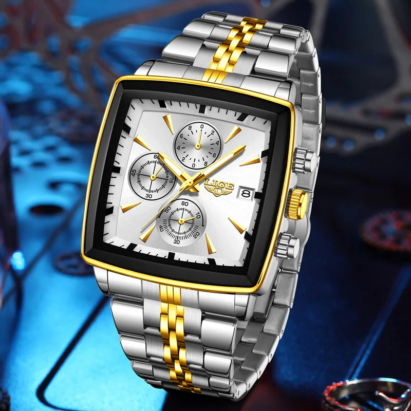 LIGE Fashion Mens Watches Luminous Waterproof Chronograph Date Man Wristwatch Square Luminous Quartz Men's Watches Relojs+Box