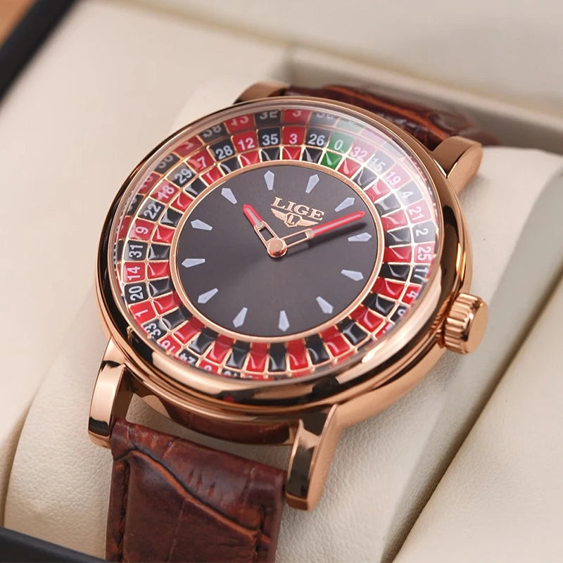 LIGE Creative Retro Quartz Man Watch Fashion Unique Roulette Game Dial Design Leather Casual Luxury Waterproof Luminous Watches