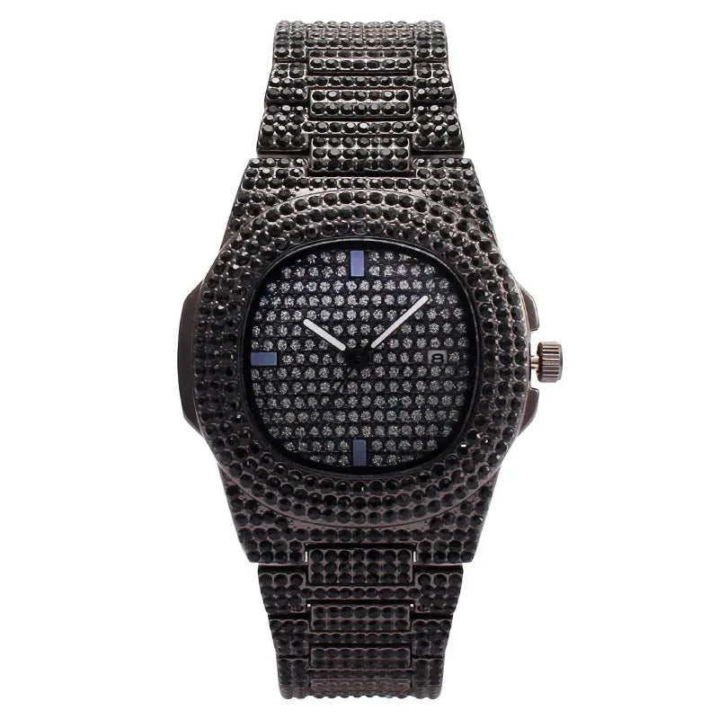 Montre Hip Hop avec Strass Brillants pour Homme, Horloge de Luxe Cool, Ceinture en Acier Glacé, Design Sky Star