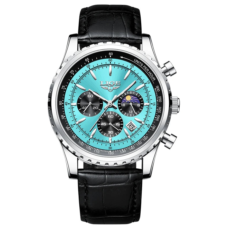 LIGE Fashion Men Watch Casual Sports Waterproof Moon Phase Watch Men Top Brand Luxury Auto Date Quartz Chronograph Montre Homme