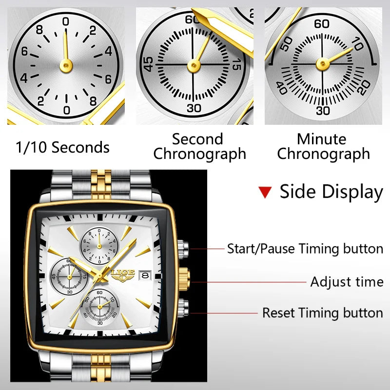 LIGE Fashion Mens Watches Luminous Waterproof Chronograph Date Man Wristwatch Square Luminous Quartz Men's Watches Relojs+Box