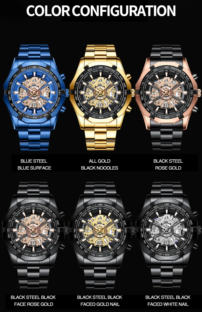 BINBOND 033 New Quartz Watch Men Waterproof Night Light Leisure Business Hollow Watches for Men Relogios Masculino Montre Homme