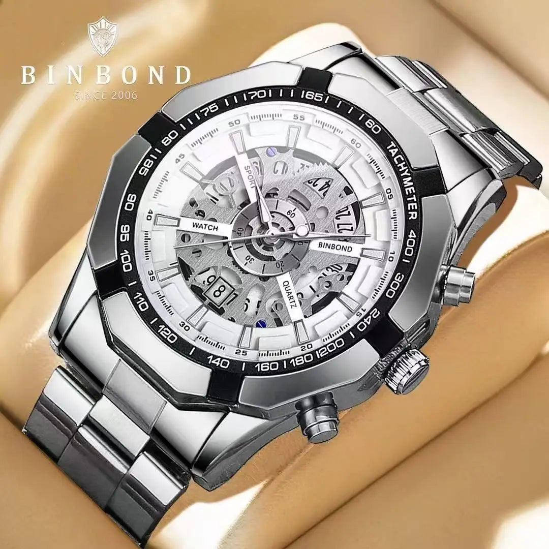 BINBOND 033 New Quartz Watch Men Waterproof Night Light Leisure Business Hollow Watches for Men Relogios Masculino Montre Homme