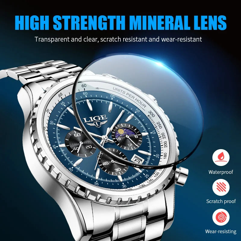 LIGE Fashion Men Watch Casual Sports Waterproof Moon Phase Watch Men Top Brand Luxury Auto Date Quartz Chronograph Montre Homme