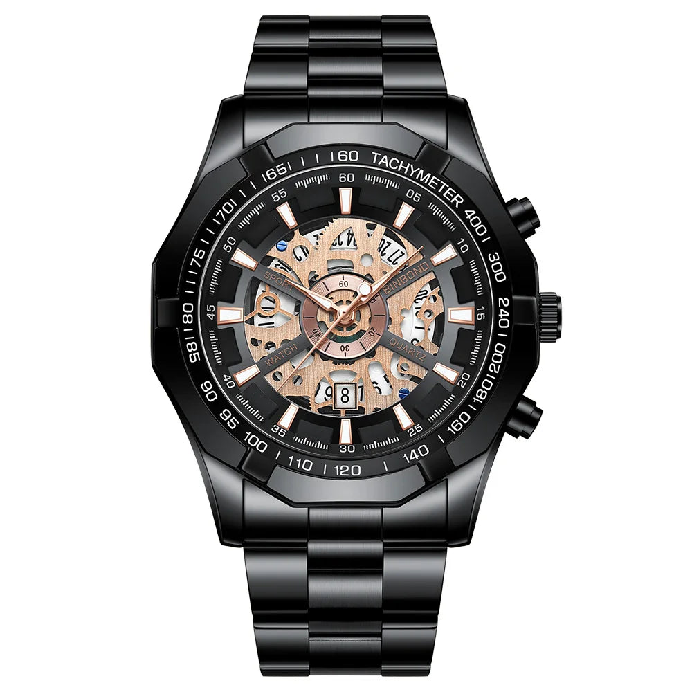 BINBOND 033 New Quartz Watch Men Waterproof Night Light Leisure Business Hollow Watches for Men Relogios Masculino Montre Homme