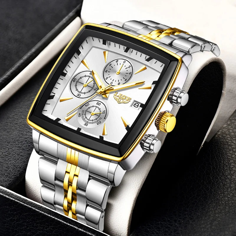 LIGE Fashion Mens Watches Luminous Waterproof Chronograph Date Man Wristwatch Square Luminous Quartz Men's Watches Relojs+Box
