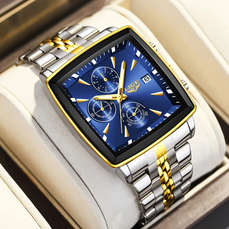 LIGE Fashion Mens Watches Luminous Waterproof Chronograph Date Man Wristwatch Square Luminous Quartz Men's Watches Relojs+Box