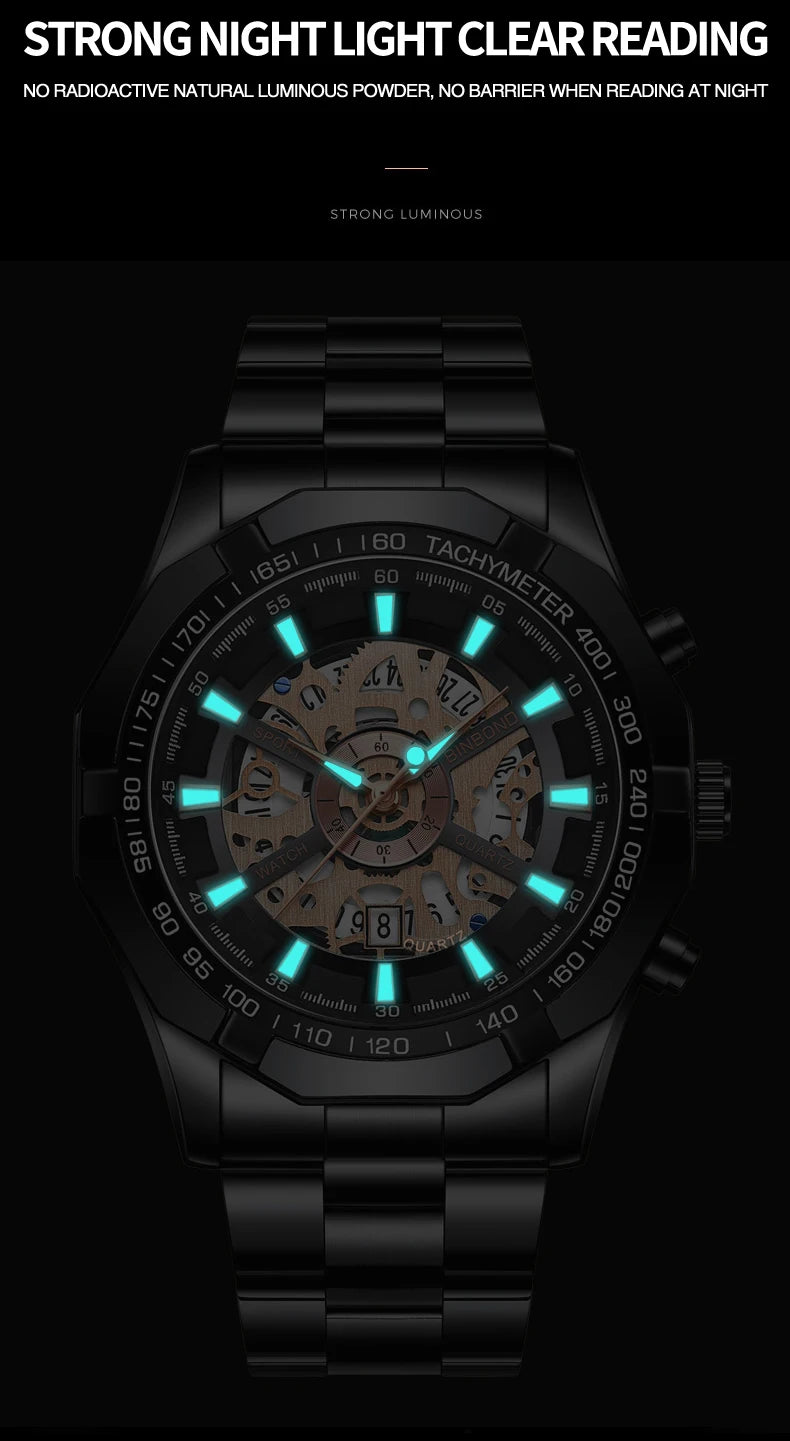 BINBOND 033 New Quartz Watch Men Waterproof Night Light Leisure Business Hollow Watches for Men Relogios Masculino Montre Homme