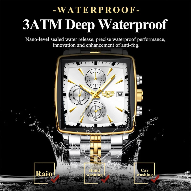 LIGE Fashion Mens Watches Luminous Waterproof Chronograph Date Man Wristwatch Square Luminous Quartz Men's Watches Relojs+Box