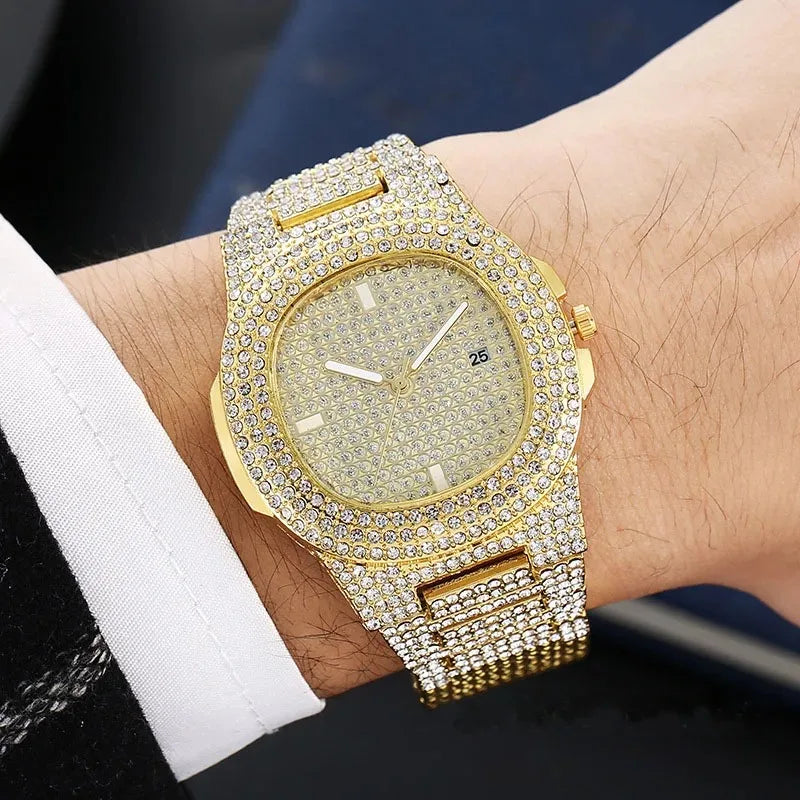 Montre Hip Hop avec Strass Brillants pour Homme, Horloge de Luxe Cool, Ceinture en Acier Glacé, Design Sky Star