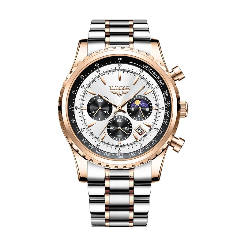 LIGE Fashion Men Watch Casual Sports Waterproof Moon Phase Watch Men Top Brand Luxury Auto Date Quartz Chronograph Montre Homme